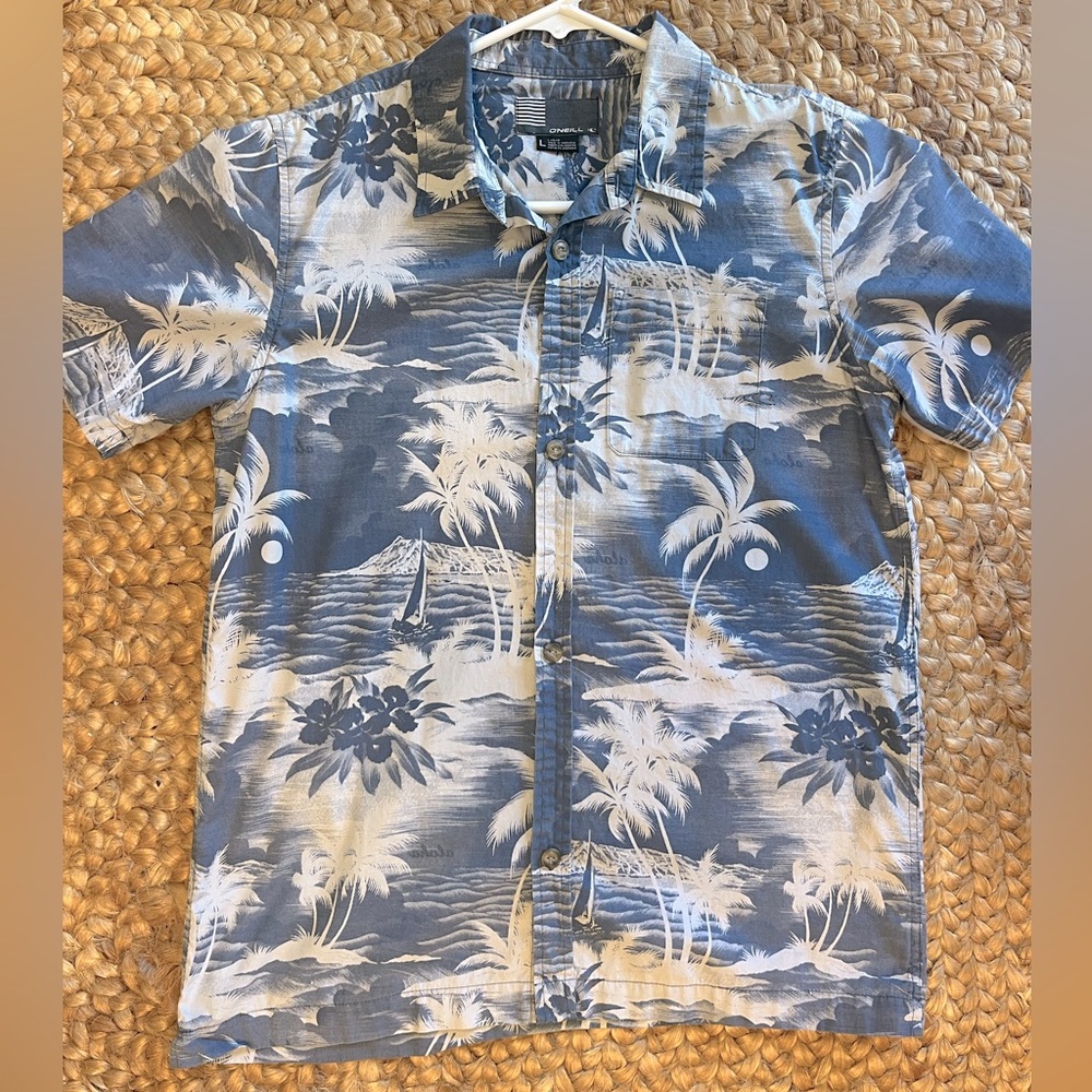 O’Neil sz 14-16 grey blue palm tree surf style dress shirt